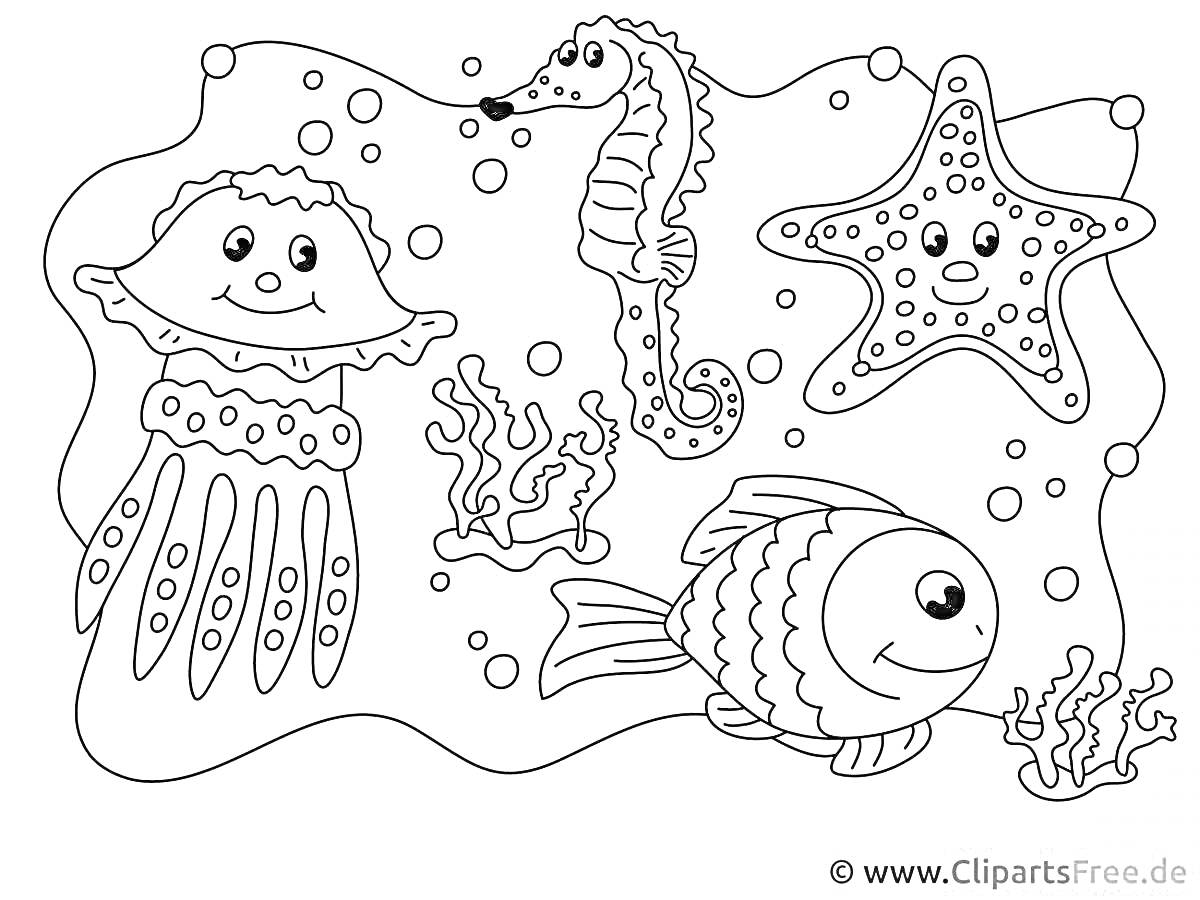 Морские обитатели, включающие медузу, морского конька, морскую звезду, рыбу и кораллы