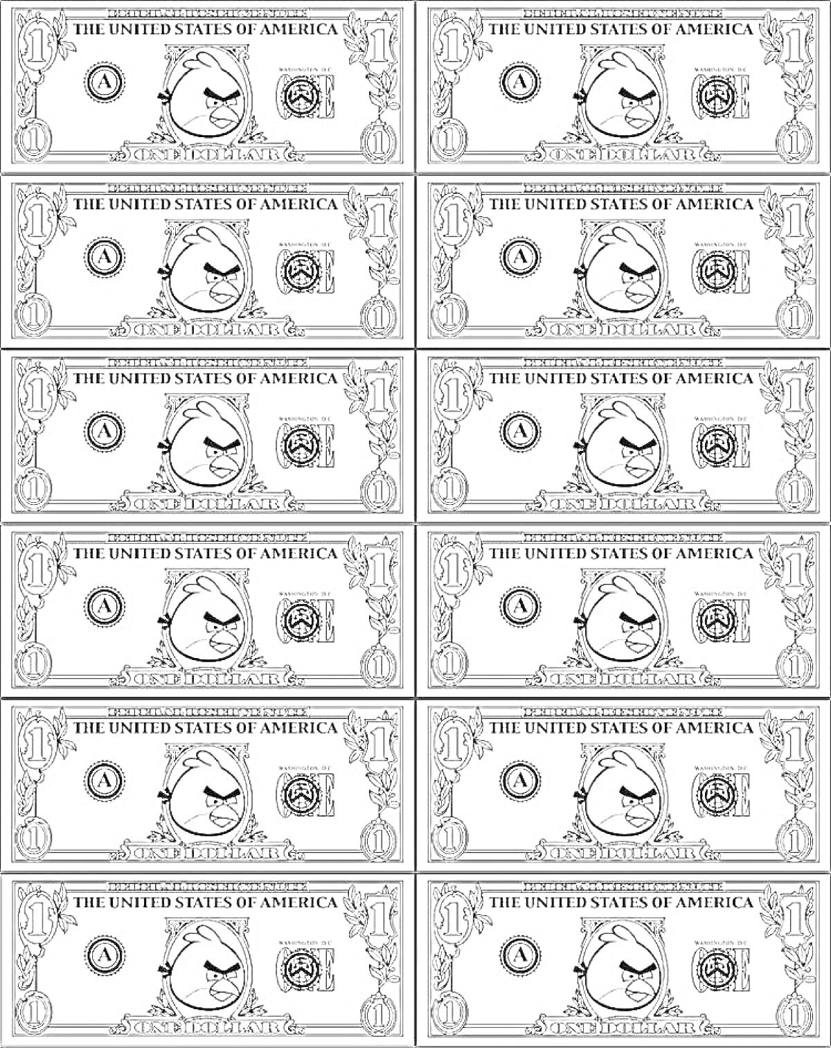 Раскраска Двенадцать банкнот США с мультяшным лицом, надписями, цифрами и различными символами