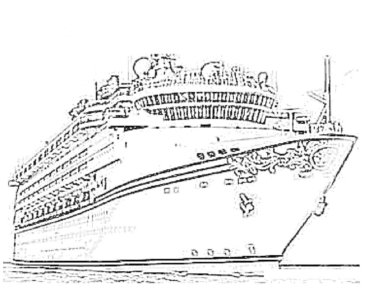 На раскраске изображено: Лайнер, Корабль, Морское судно, Иллюминаторы, Палуба, Море, Вода