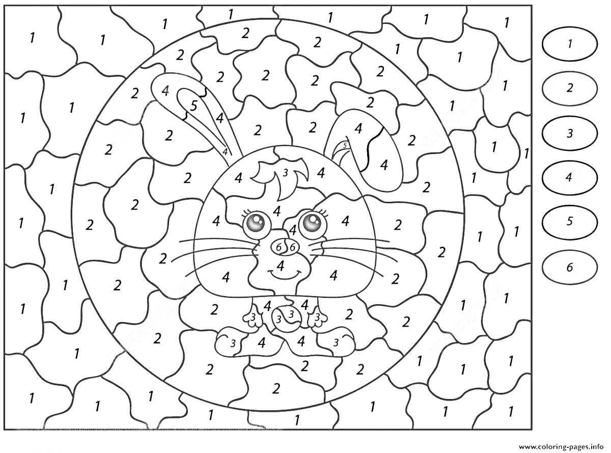 РаскраскаЗаяц по цифрам с круговой рамкой и фоном