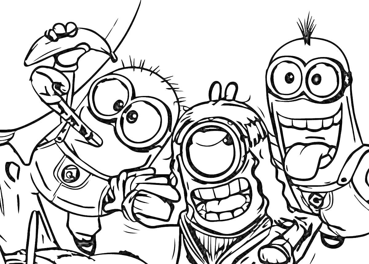 Раскраска Миньоны с бананом и изолентой, миньон с клубничной шапочкой, миньон с прической