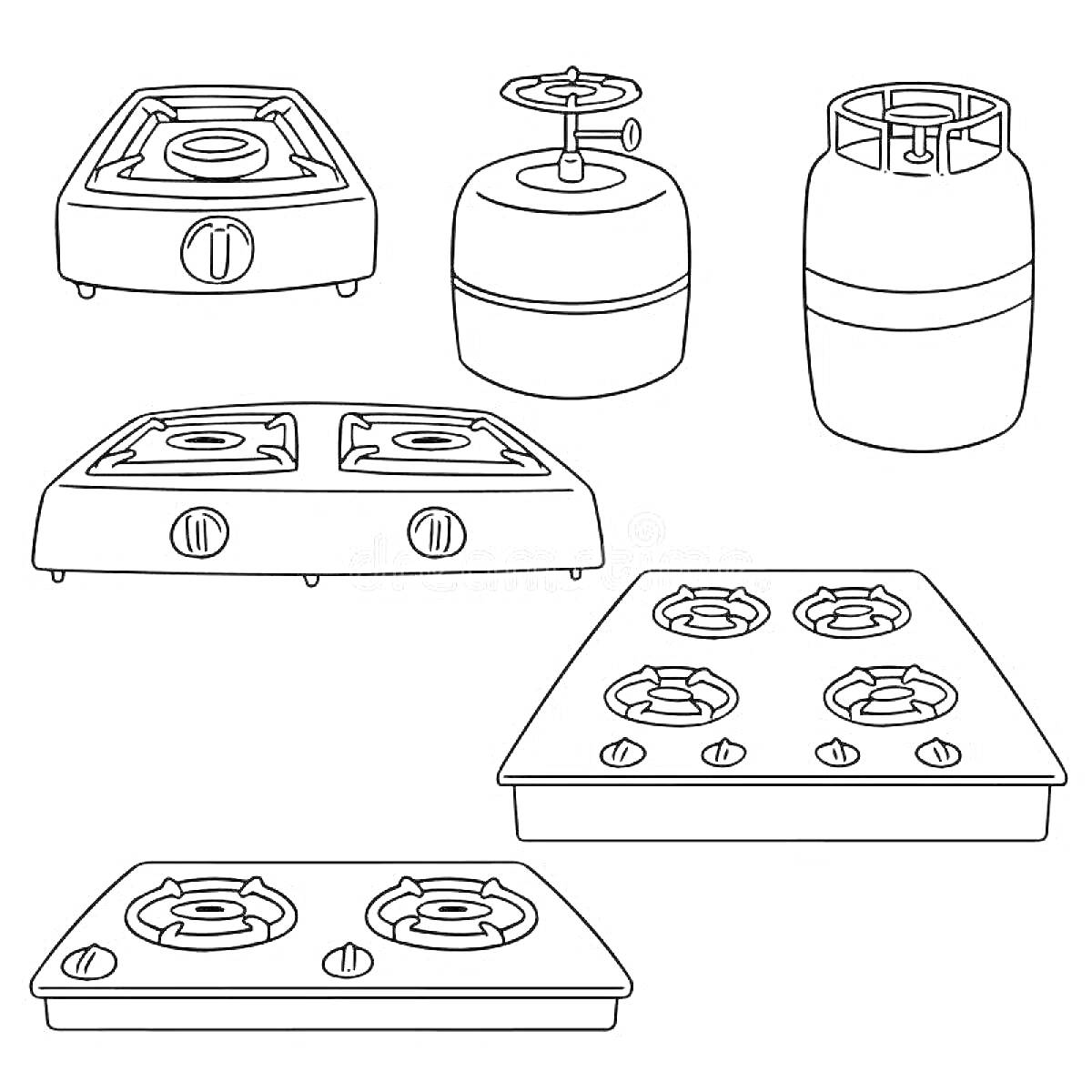Раскраска Различные виды газовых плит и газовых баллонов