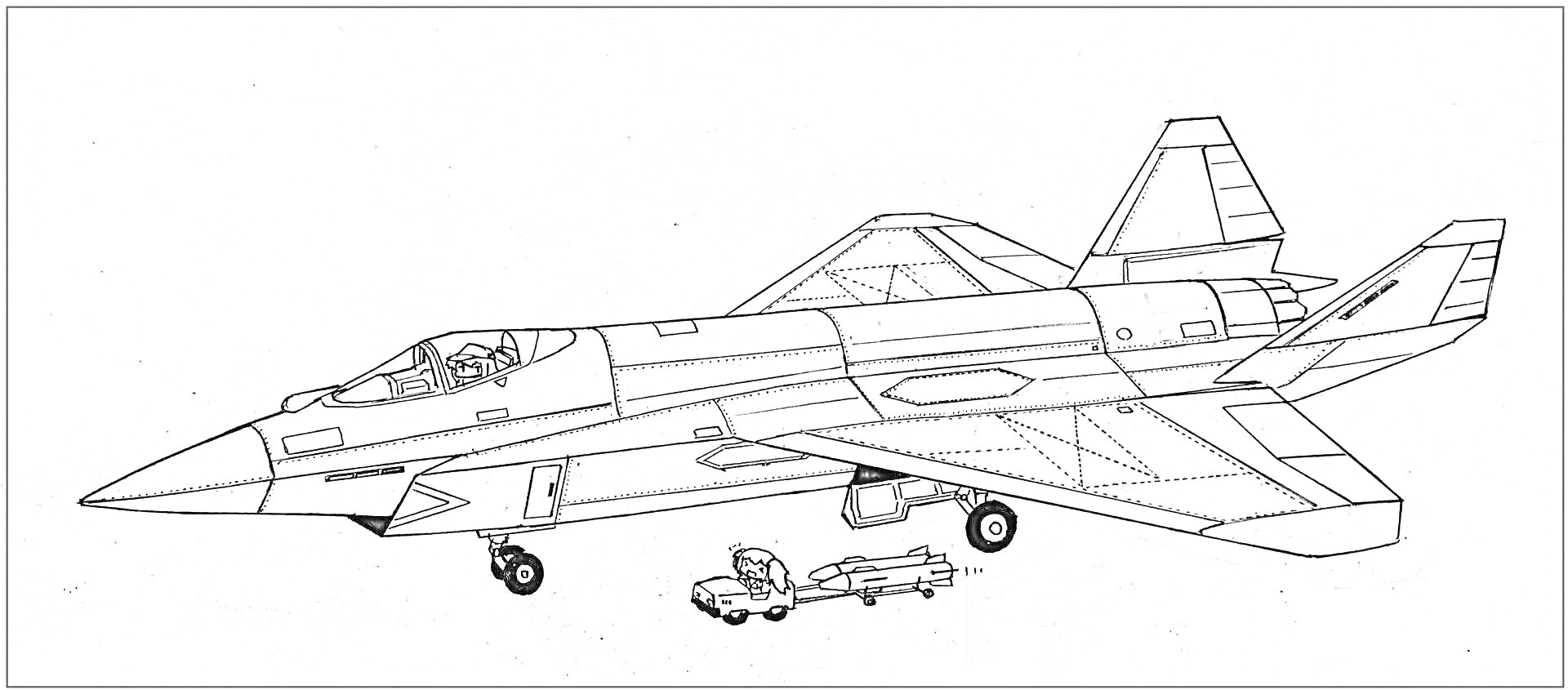 Раскраска Истребитель Су-57 на земле с поднятым шасси и наземным транспортным оборудованием