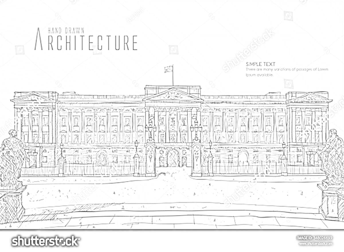 Раскраска Букингемский дворец с фасадом, дорожками и статуями, монохромный эскиз
