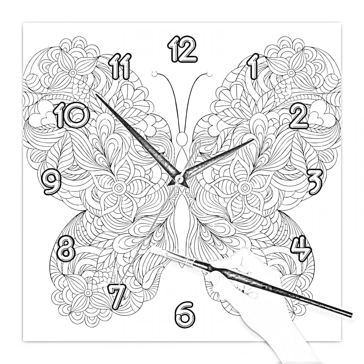 На раскраске изображено: Настенные часы, Бабочка, Цветочный узор, Цифры, Циферблат, Арт