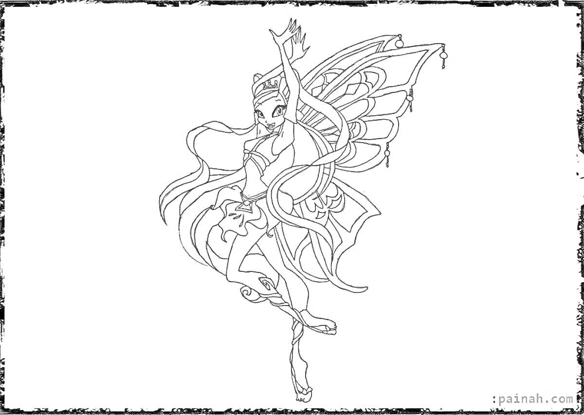 Раскраска Фея из Винкс в трансформации Энчантикс с крыльями, в диадеме, с длинными волосами, в топе и юбке, руки вверх, одна поднята нога