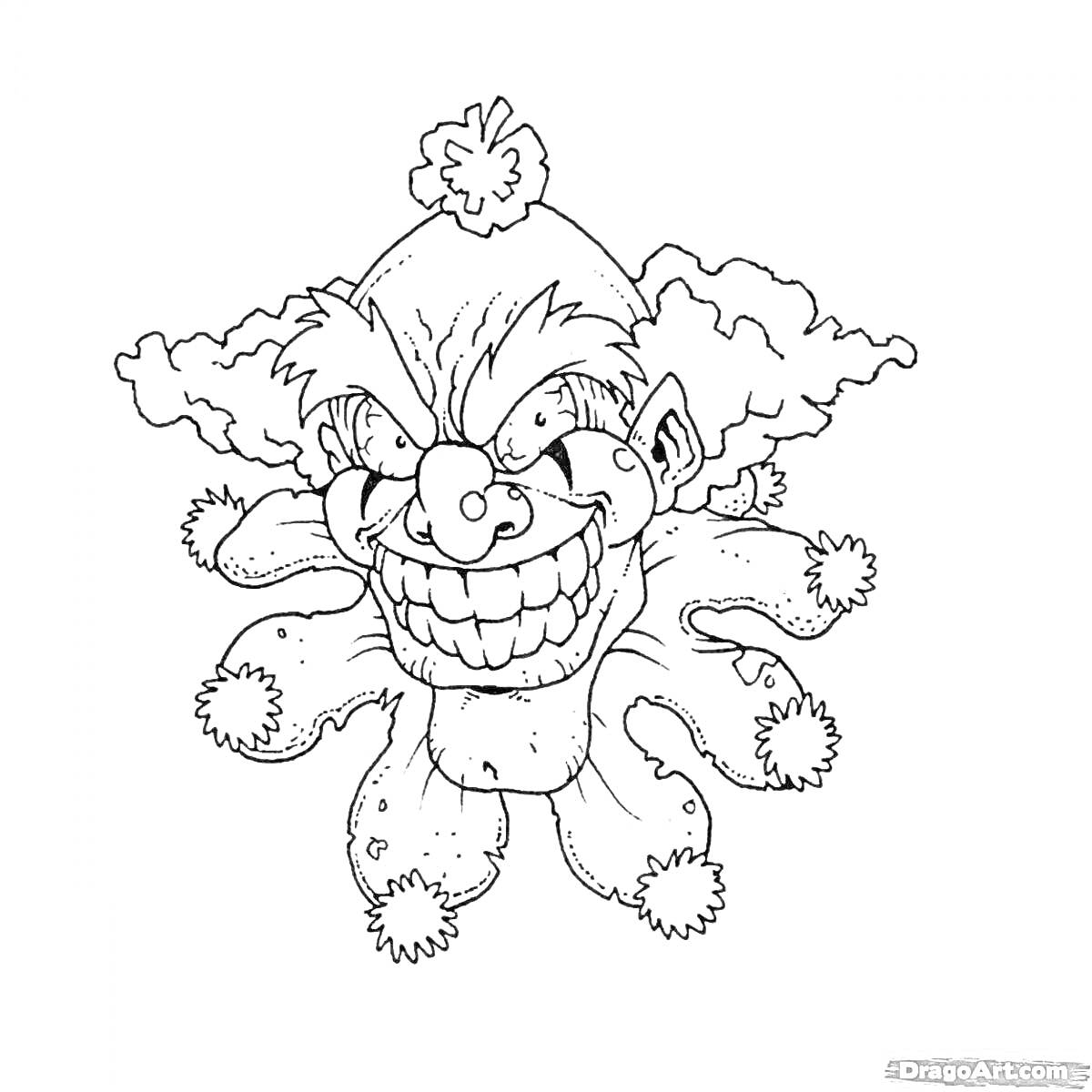 На раскраске изображено: Страшный клоун, Большие зубы, Грим, Острые зубы, Улыбка