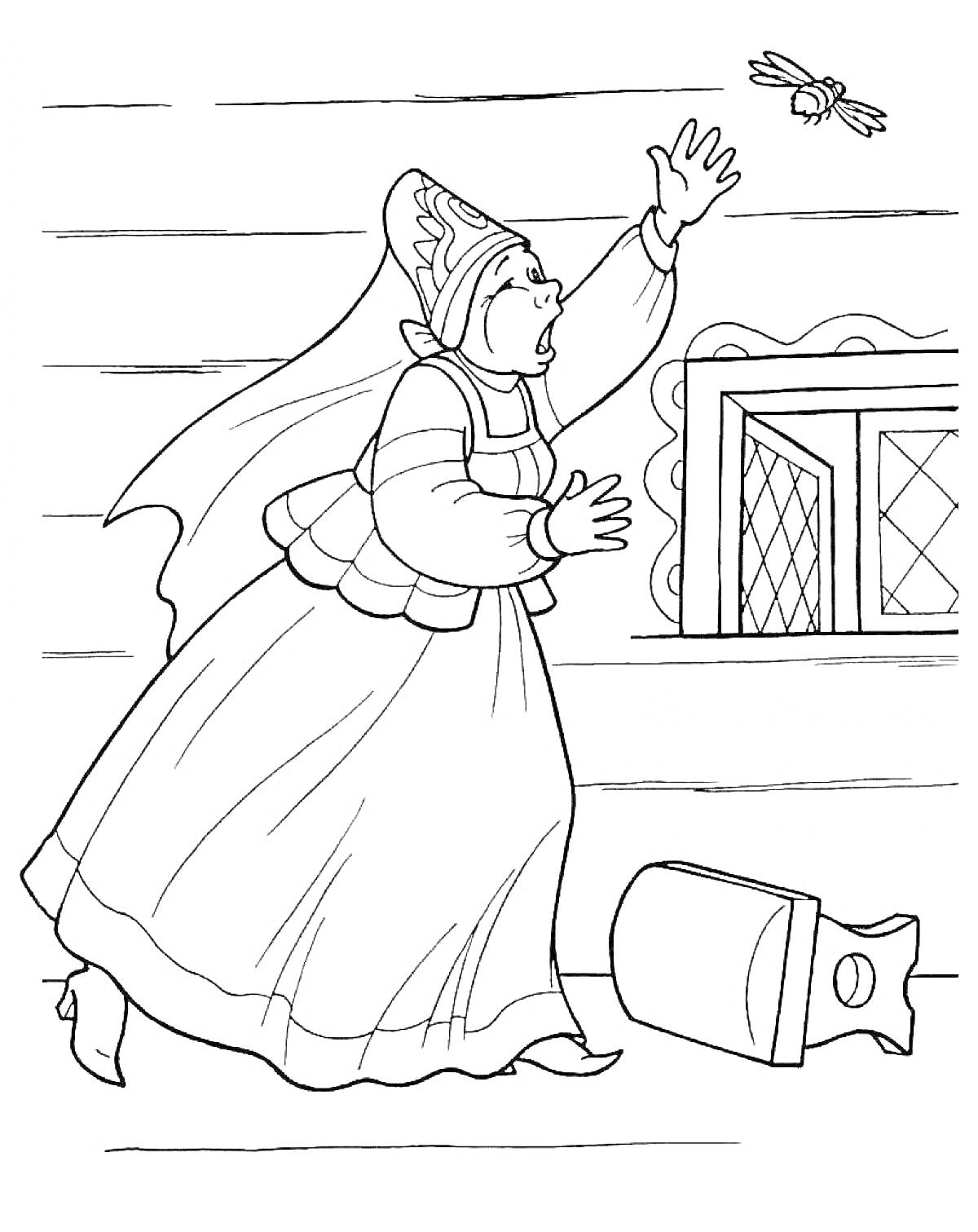 Раскраска Женщина в традиционной одежде поднимает руку к летящей пчеле около окна, валяется мешок