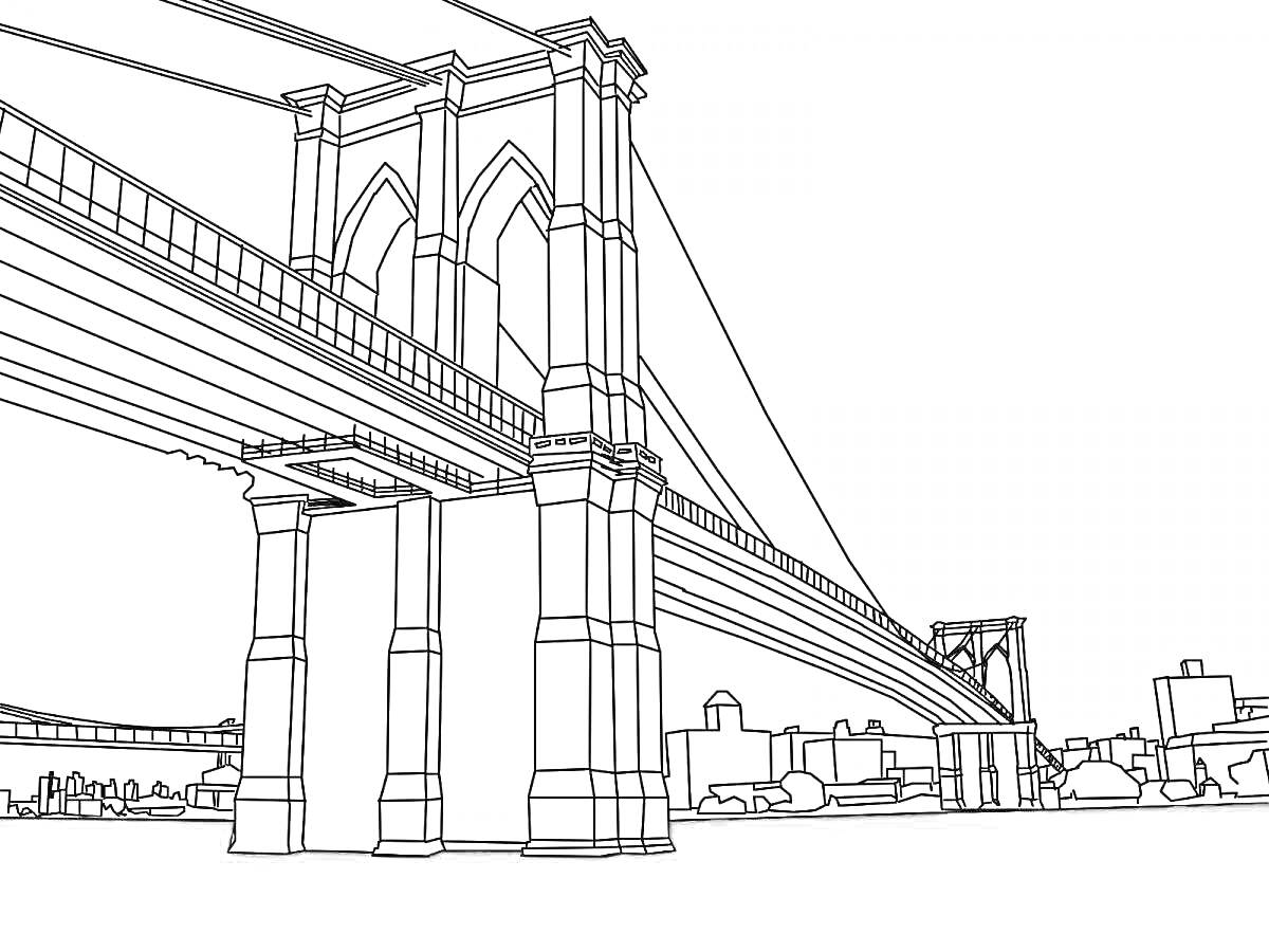 Раскраска Рисунок Крымский мост, опоры, пролёты, канаты, город на заднем плане