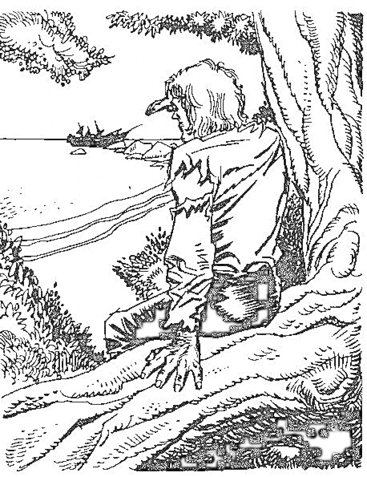 Раскраска Робинзон Крузо, сидящий под деревом с видом на море и остров на горизонте