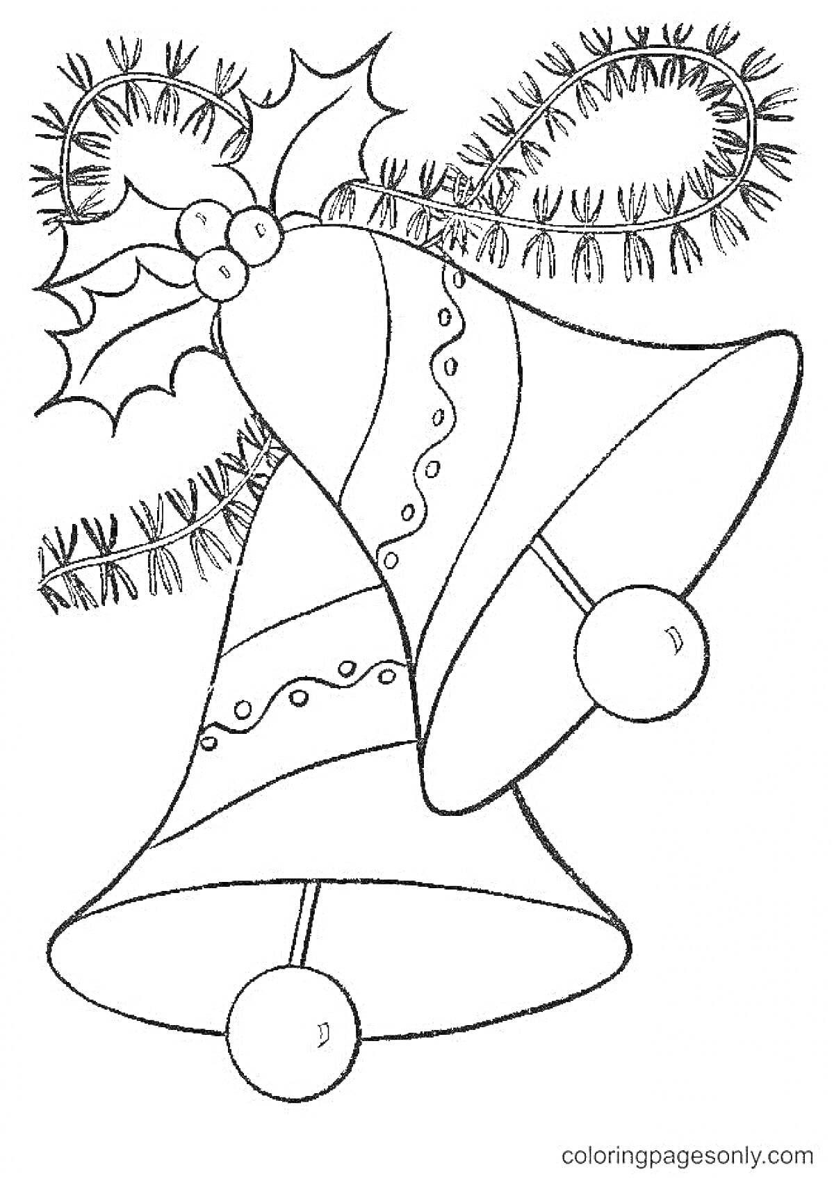 Раскраска Два рождественских колокольчика с ленточками и листьями остролиста