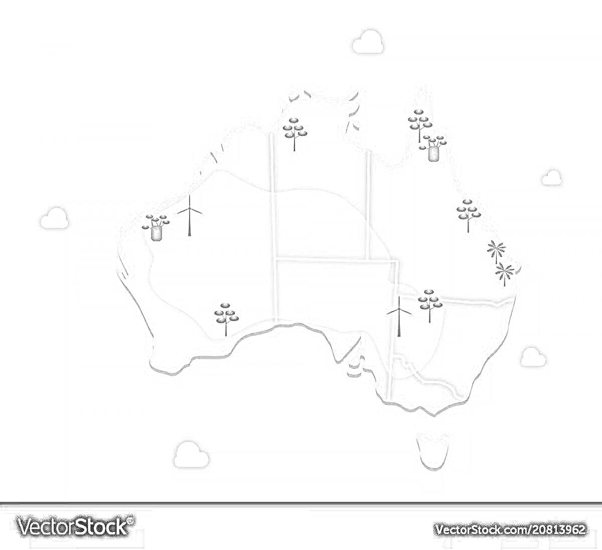 На раскраске изображено: Австралия, Карта, Регионы, Деревья, Облака, Природа, География