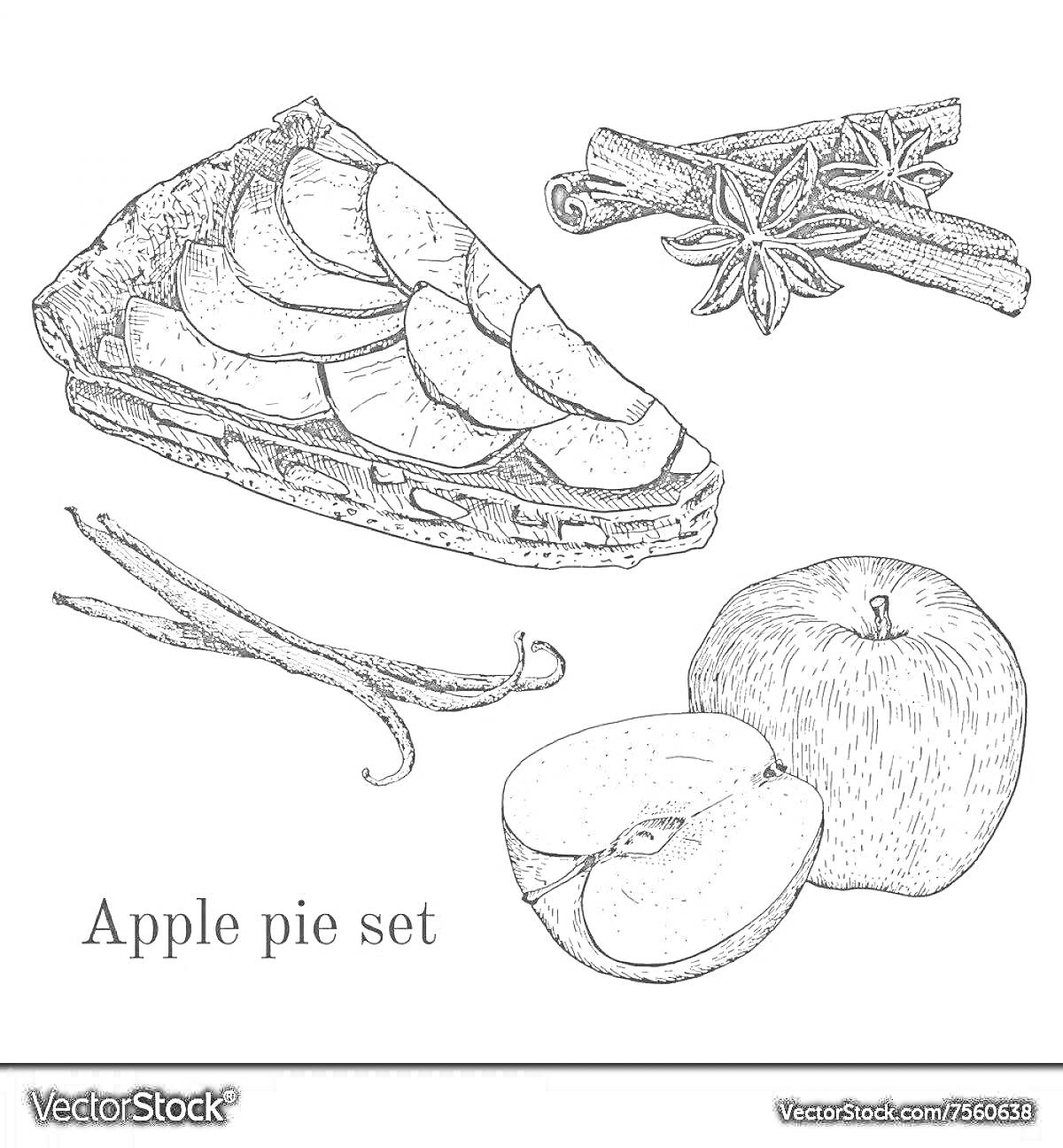 Раскраска Кусок яблочного пирога, палочки корицы с бадьяном, ванильные стручки, яблоко целое и половинка яблока