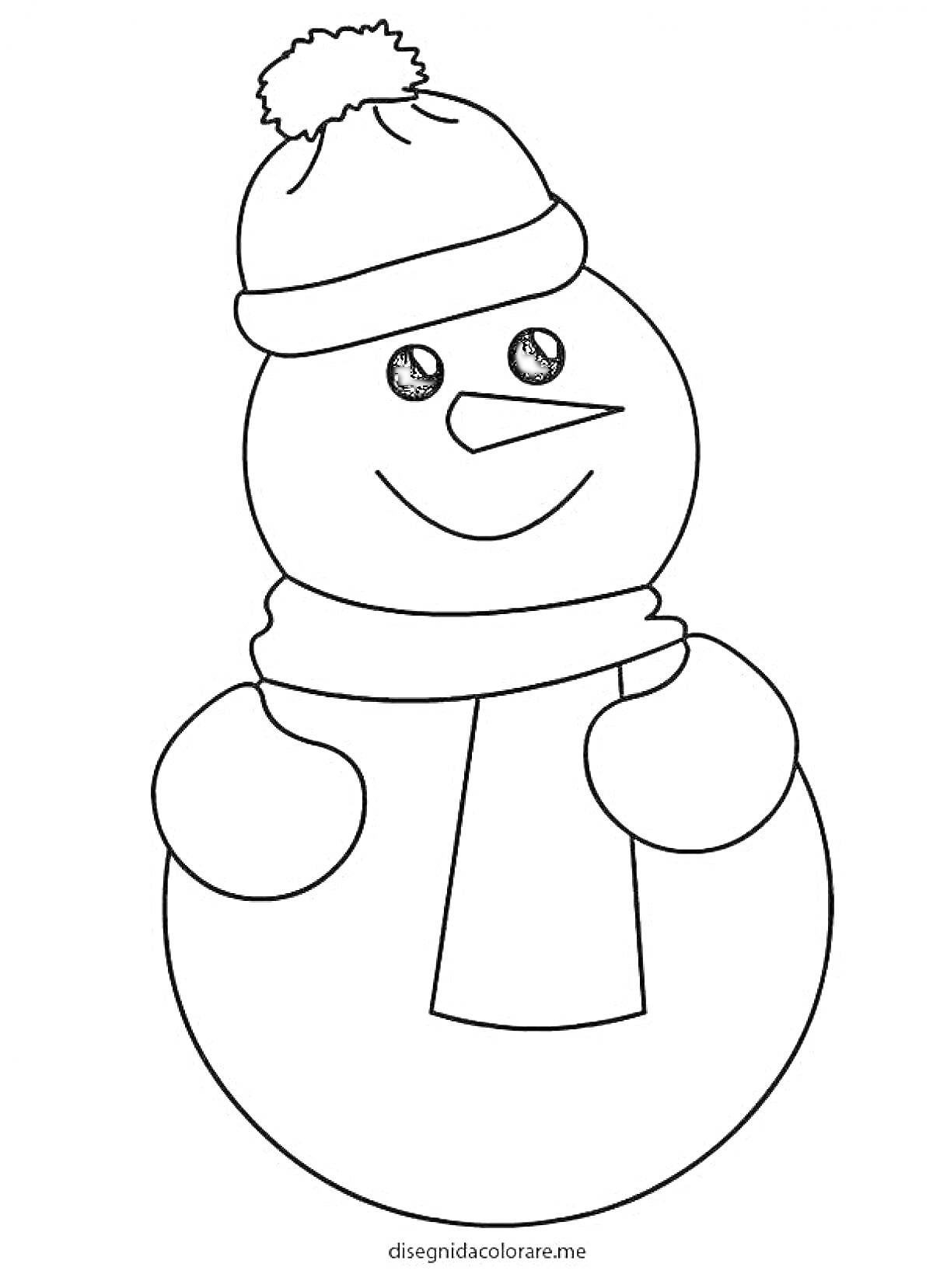Раскраска Снеговик в шапке с помпоном и шарфом