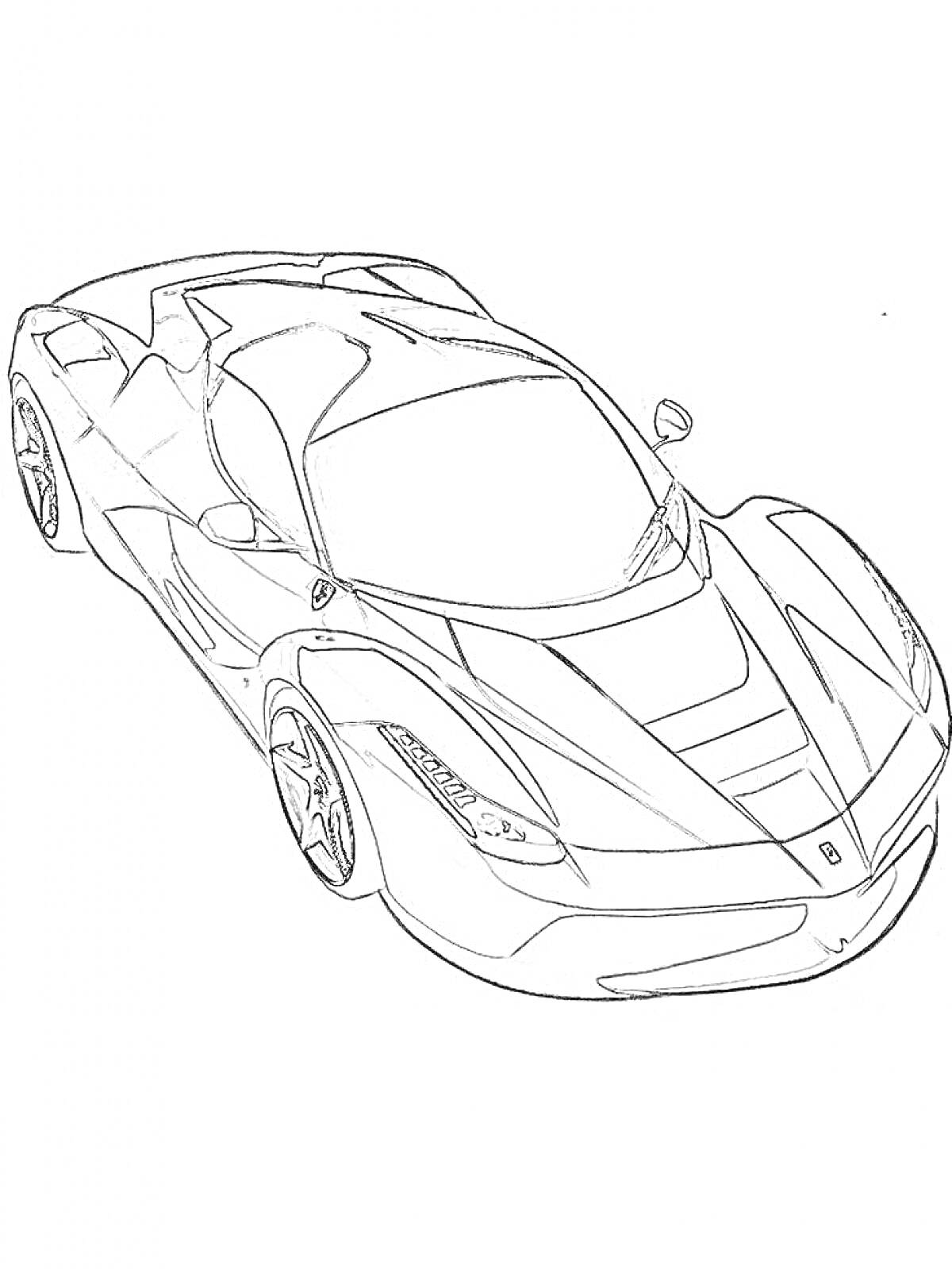 Раскраска Чёрно-белая раскраска суперкара с характерными элементами кузова и колёсами