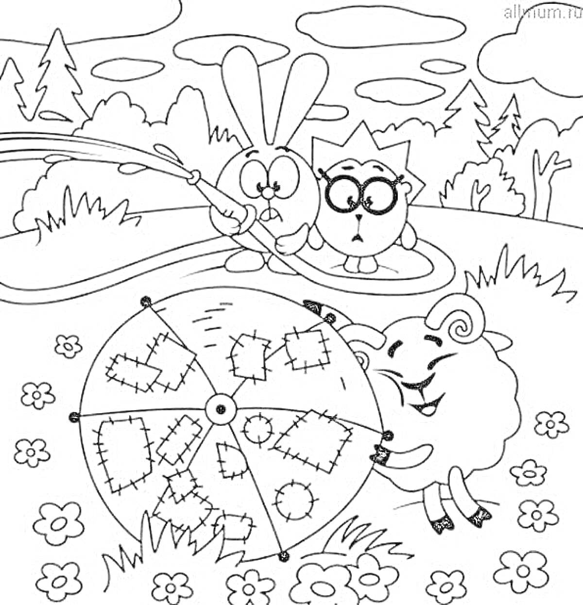 Раскраска смешарики, заяц с удочкой, сова с книгой, баран крутит колесо с лоскутками, поле с цветами и деревьями на заднем плане