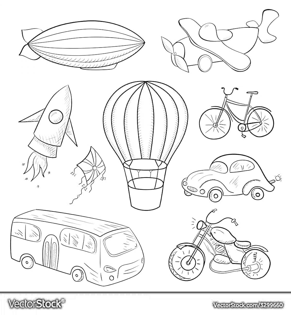 На раскраске изображено: Транспорт, Дирижабль, Ракета, Велосипед, Автобус, Мотоцикл, Воздушный змей