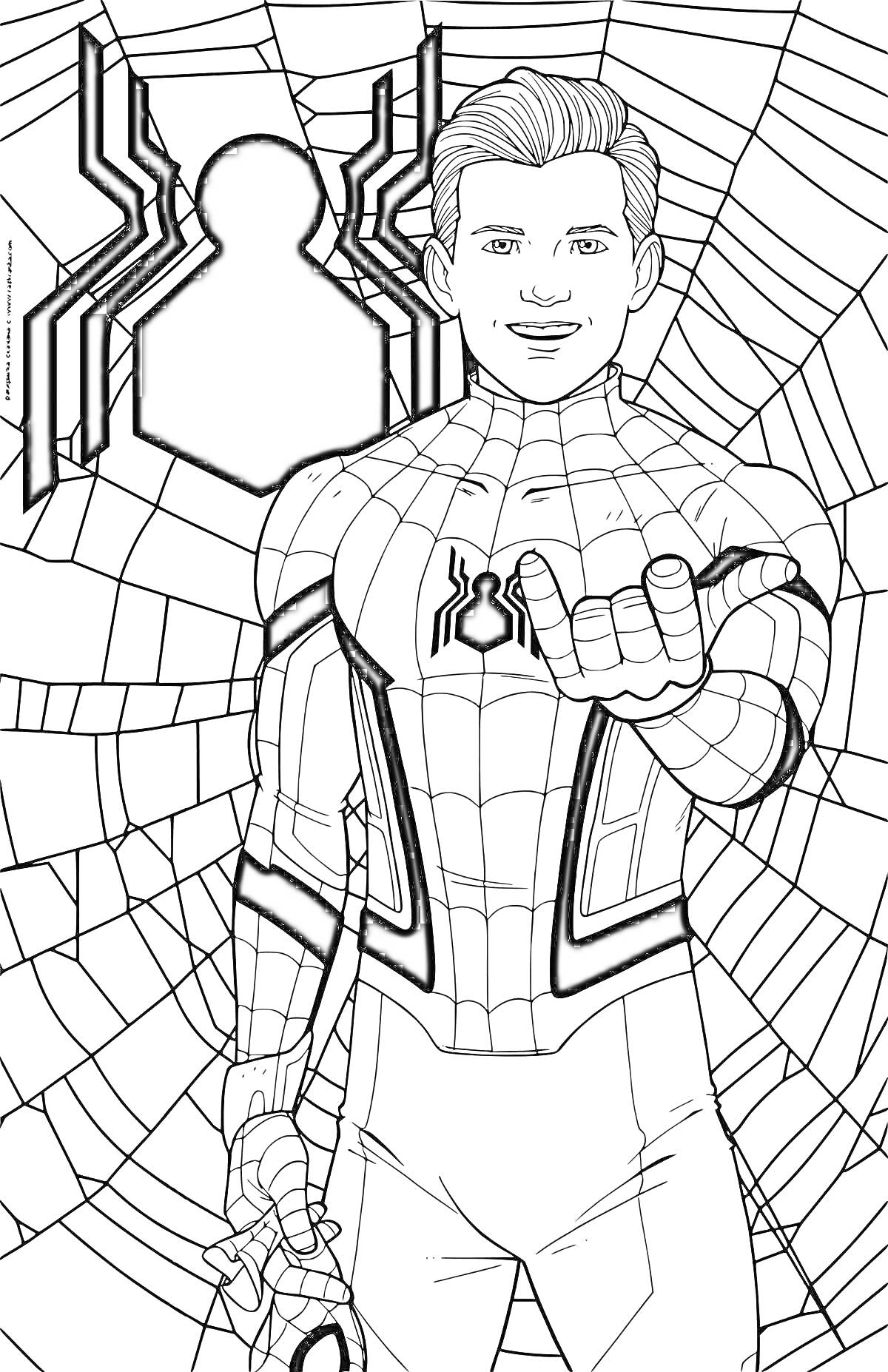Раскраска Питер Паркер в костюме Человека-паука (Spider-Man) на фоне паутины, протягивает руку вперед