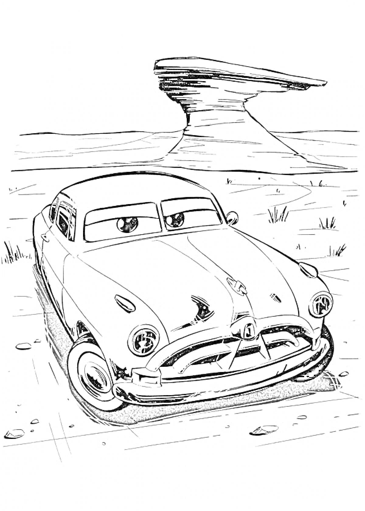 Машина с глазами на фоне пустынного пейзажа с необычной скалой