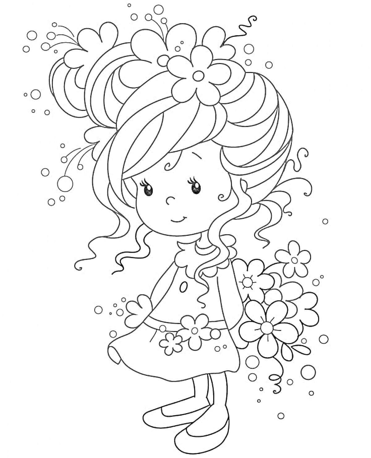 Раскраска Девочка с цветами в волосах и на платье