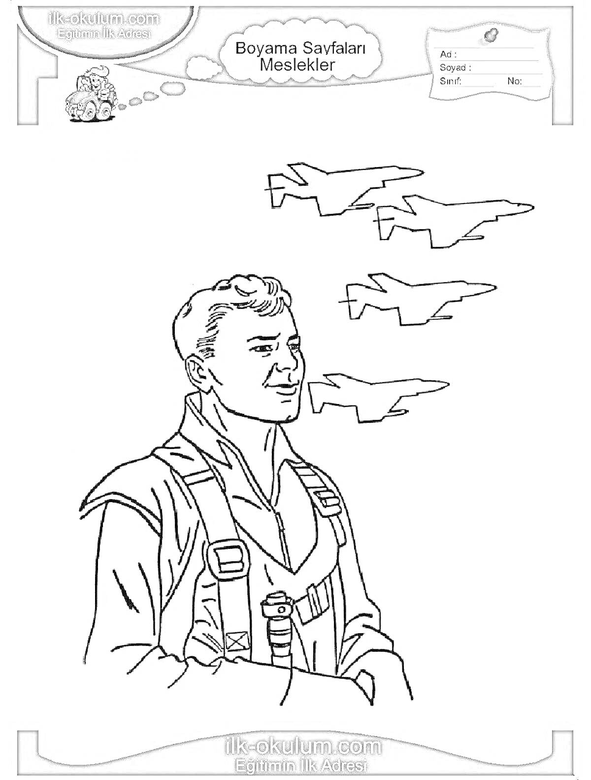 На раскраске изображено: Летчик, Военный, Самолеты, Профессия, Небо, Полет