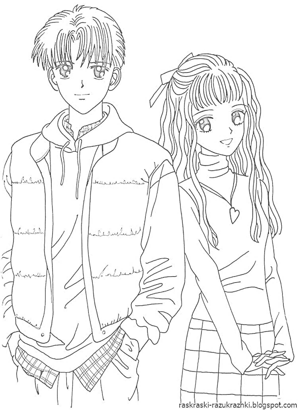 Раскраска Подростки в школьной форме – мальчик в двухслойной одежде с жилетом и девочка с длинными волосами в юбке и топе с длинными рукавами