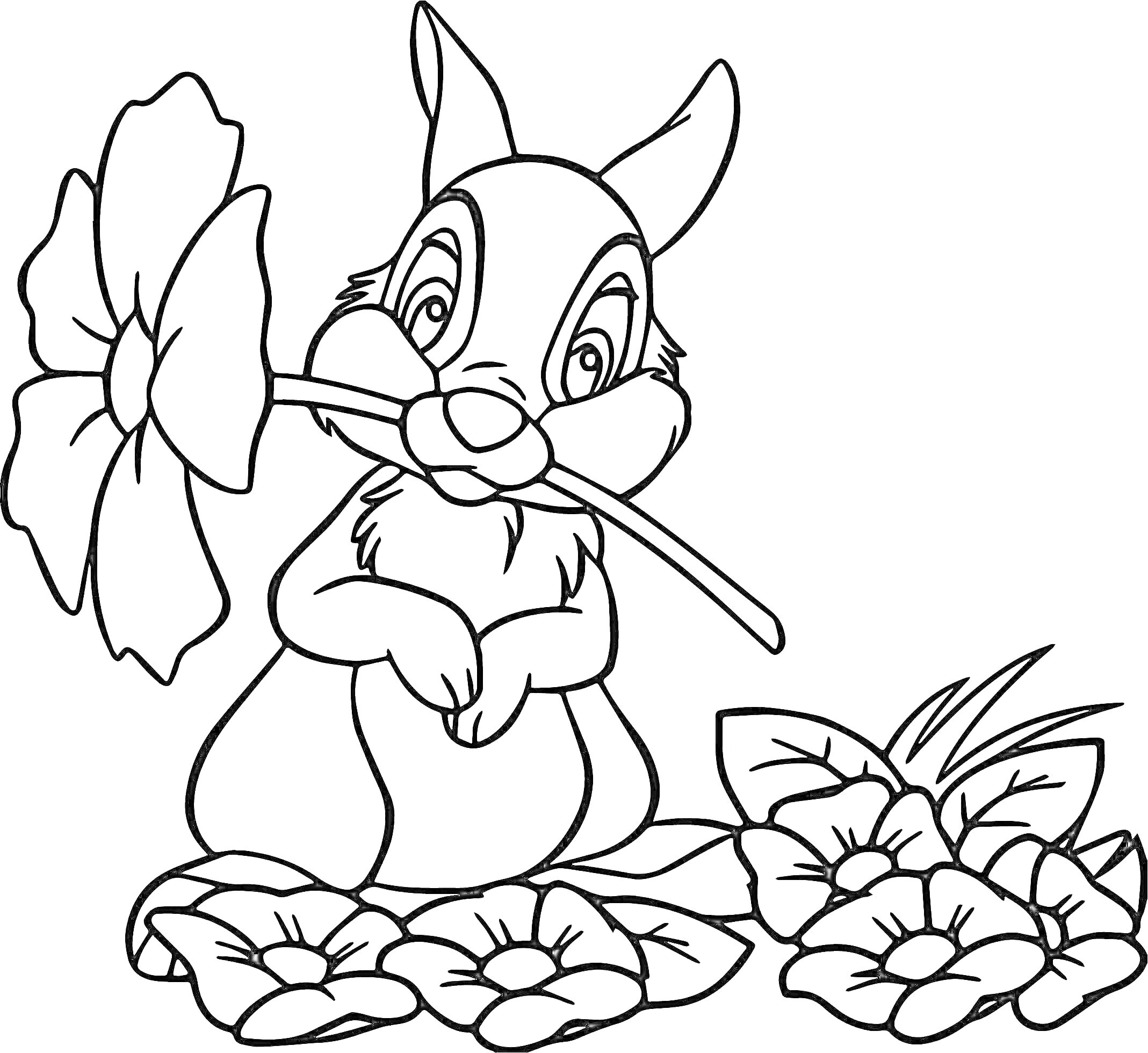 На раскраске изображено: Заяц, Бэмби, Цветы
