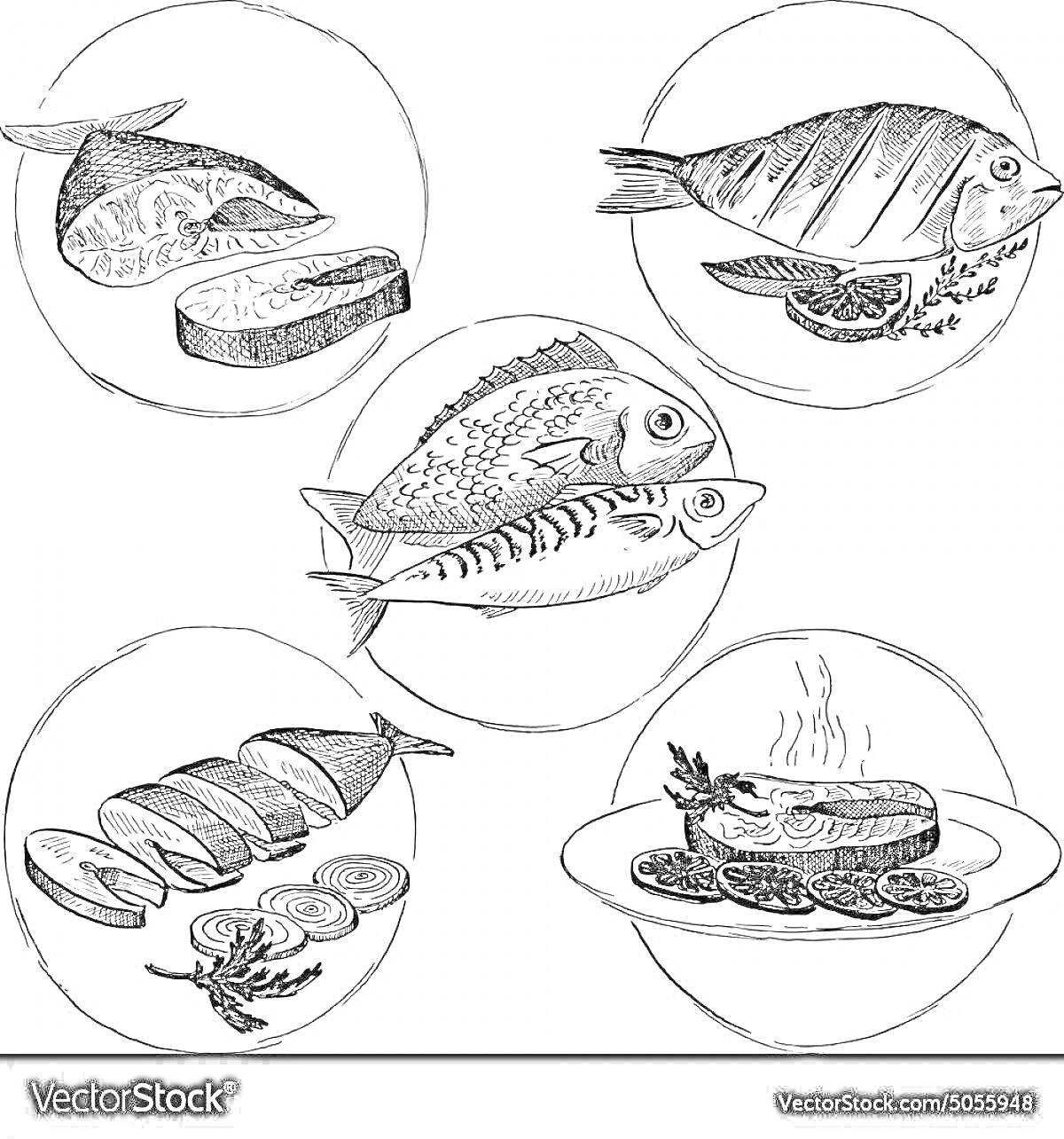 Рыба с лимоном, целая рыба, две рыбы с полосками, рыба и ломтики с зеленью, рыба стейк с зеленью
