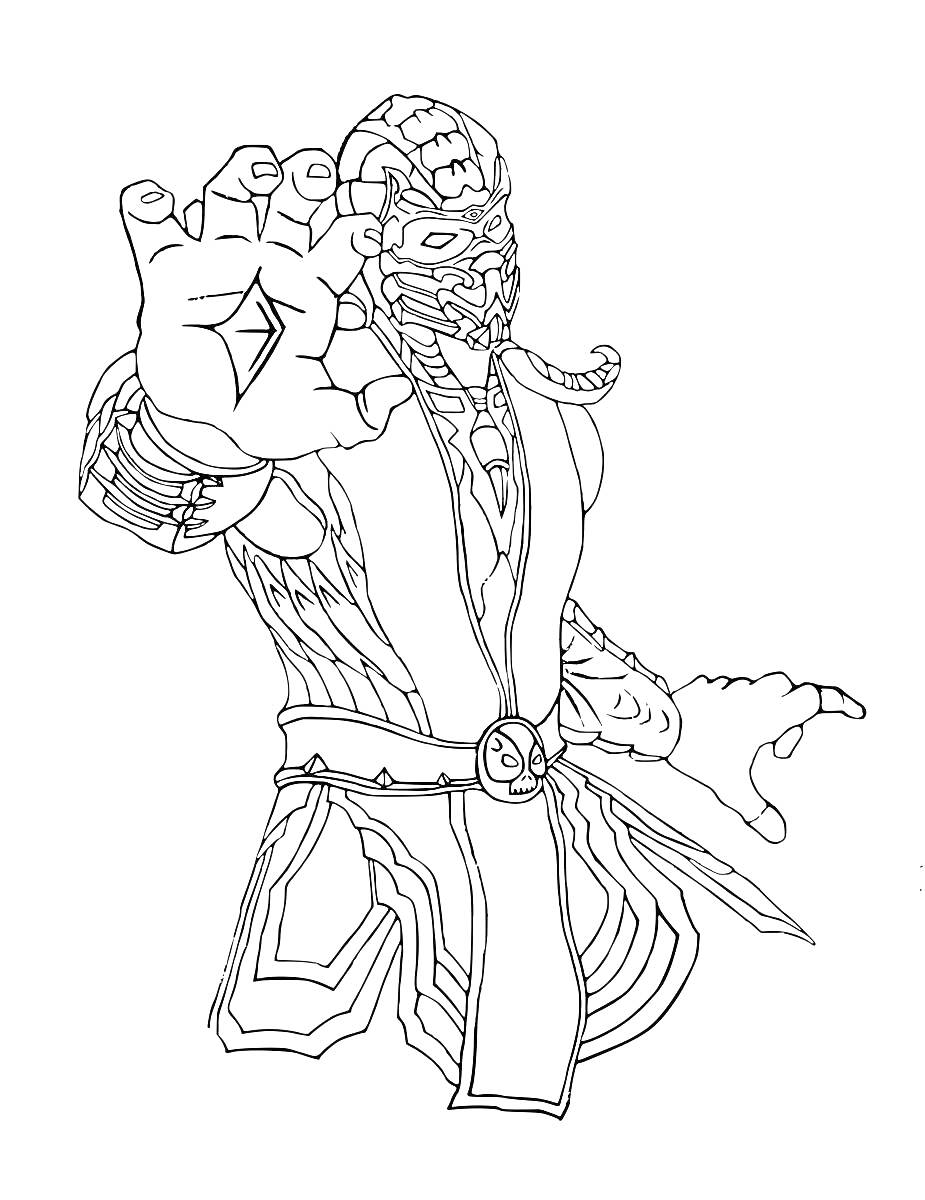 Маска, броня и татуировка на руке ниндзя из Мортал Комбат, стоящий в позе боевой готовности и протягивающий руку вперед