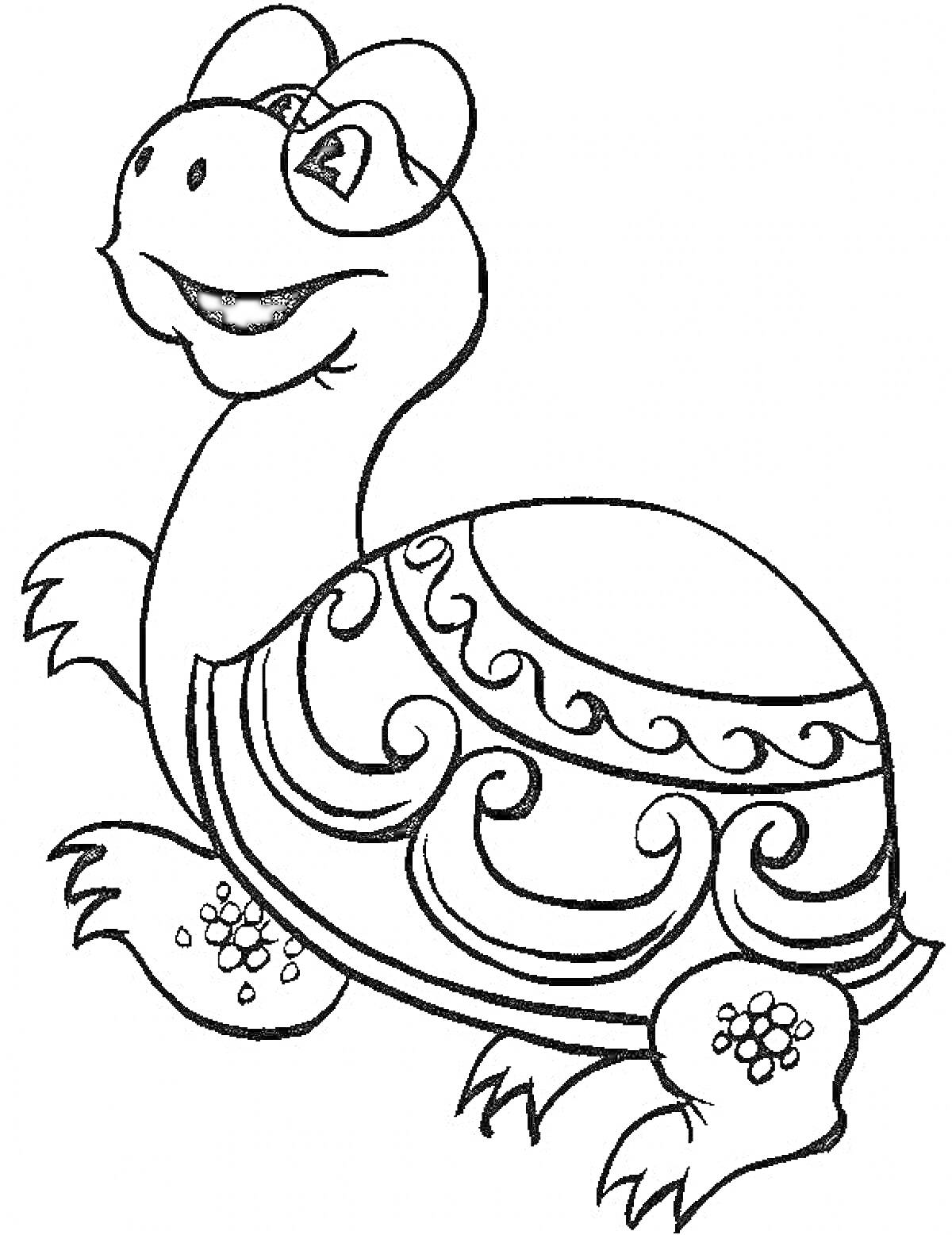 Раскраска Черепаха с узорами на панцире и радостным выражением лица