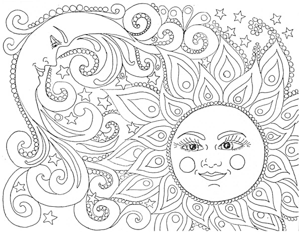 Раскраска Луна, солнце и звезды на фоне узоров