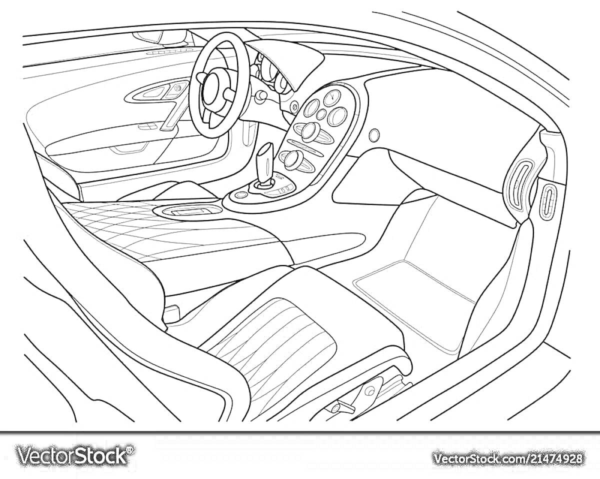 Раскраска Внутренний салон автомобиля с рулем, панелью приборов, сиденьем, дверью и центральной консолью