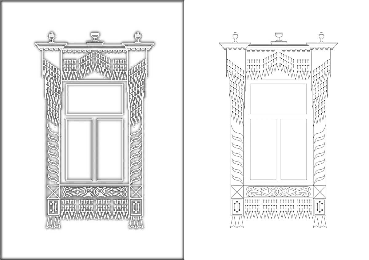 Раскраска Наличник с декоративными элементами на черном и белом фоне, деревянные узоры, окно с двумя вертикальными и одной горизонтальной перемычками, сложные резные орнаменты по краям, узоры на поперечинах и подоконнике.
