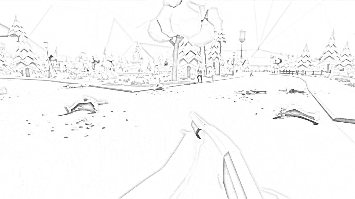 Раскраска Виртуальный стрелок в зимней деревне с деревьями и телами
