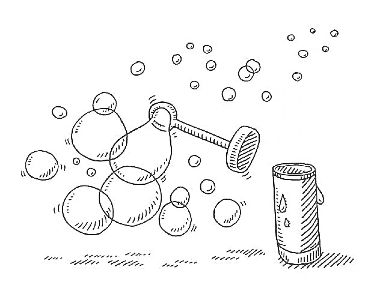 Раскраска Пузырьковая палочка и пузырьки с раствором