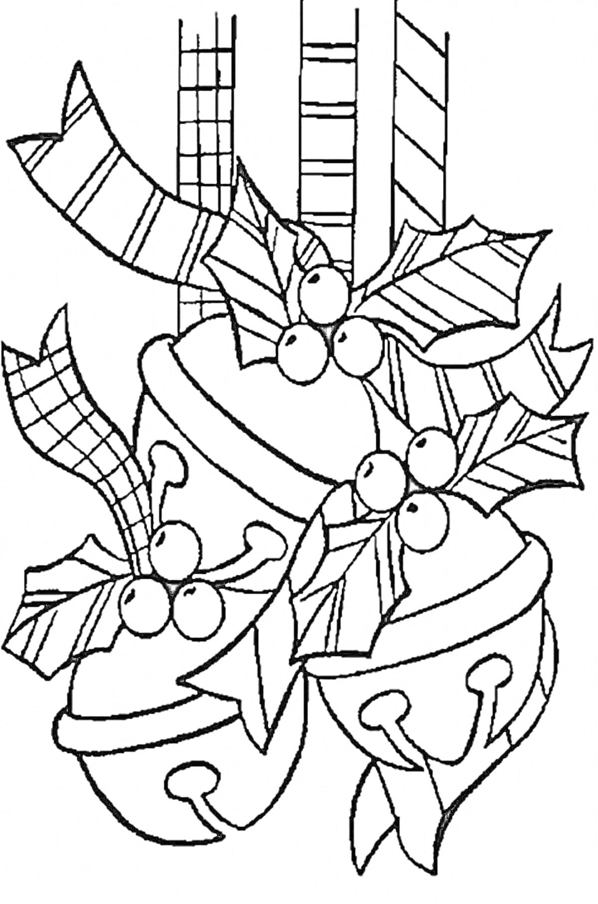 На раскраске изображено: Листья остролиста, Рождественский декор, Лента, Колокольчик