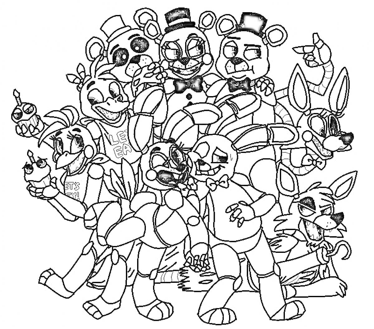 Раскраска Аниматроники из FNAF - различные персонажи в сборе, включая медведя, зайцев, лис и утку, некоторые в шляпах и галстуках-бабочках