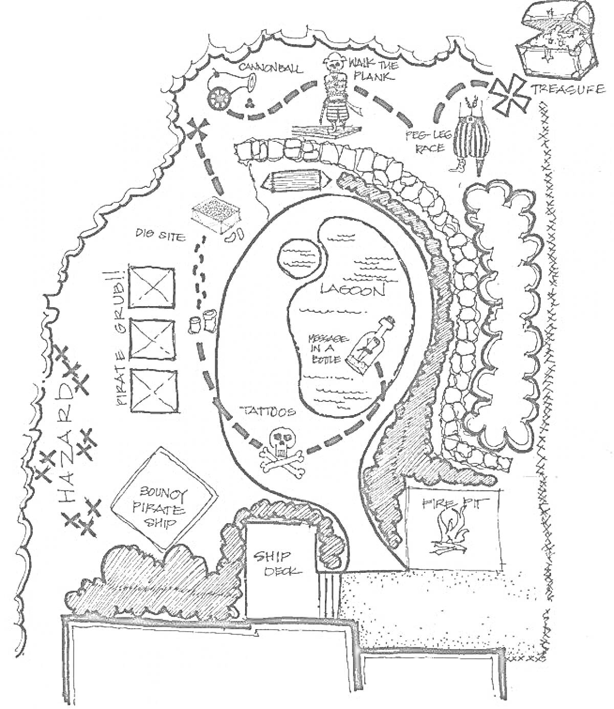 Раскраска Карта Сокровищ с лагуной, утонувшим кораблем, опасной зоной, каналом, скелетом и сундуком с сокровищами