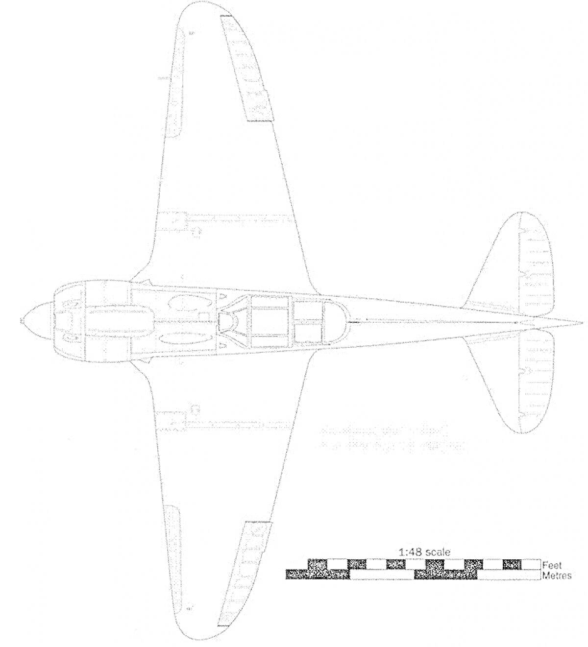 Раскраска Силуэт самолёта Ла-5ФН, вид сверху, с отметками и измерительной шкалой