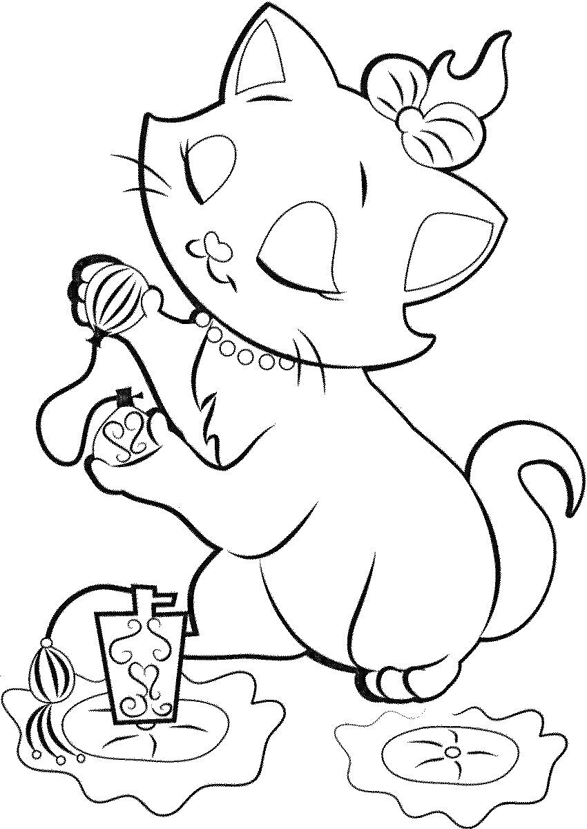 Раскраска Котёнок с бантиком, надушивающийся изящным флакончиком, стоящий на клематисах
