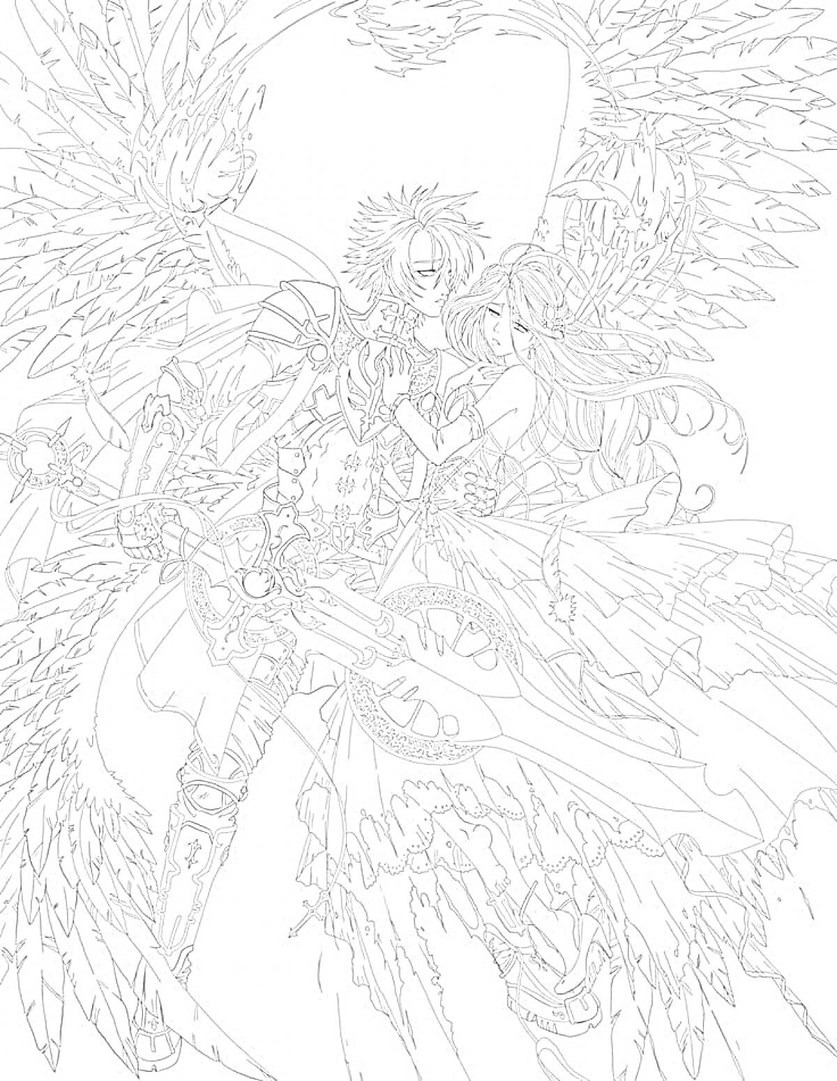 Раскраска Двое аниме персонажей в доспехах и платье с крыльями