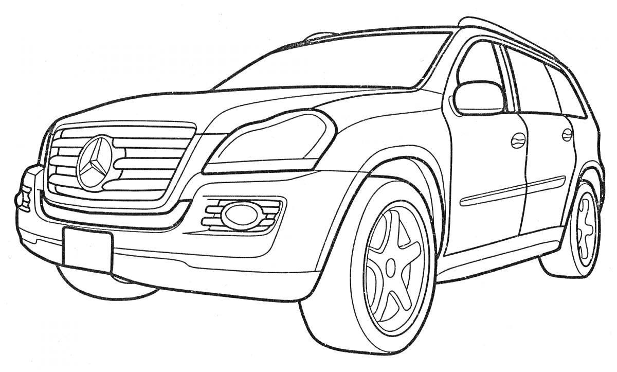 Раскраска Раскраска автомобиля Мерседес Джип с детальной прорисовкой элементов кузова и колес