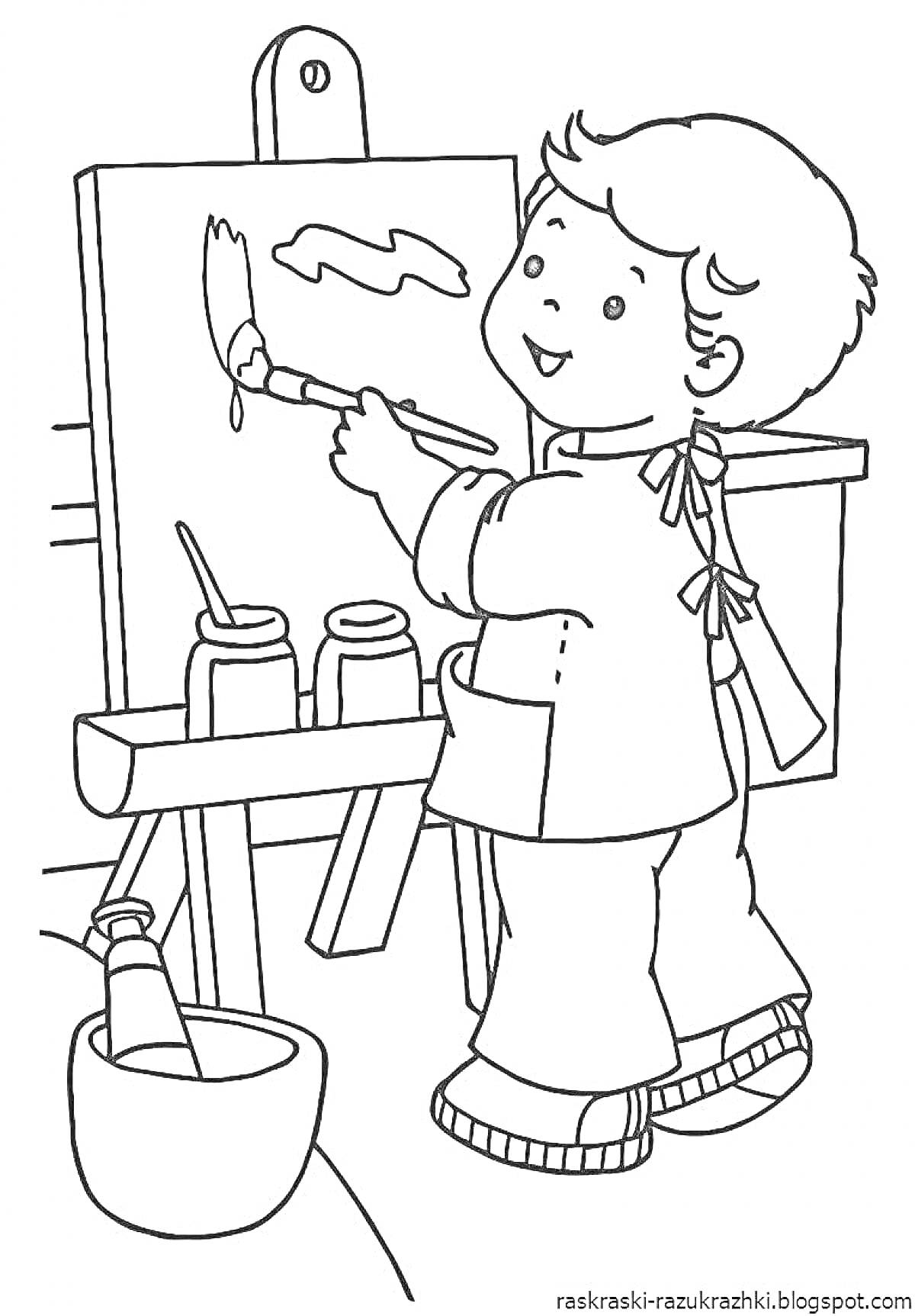 Раскраска Мальчик-художник рисует на мольберте с красками и кистью