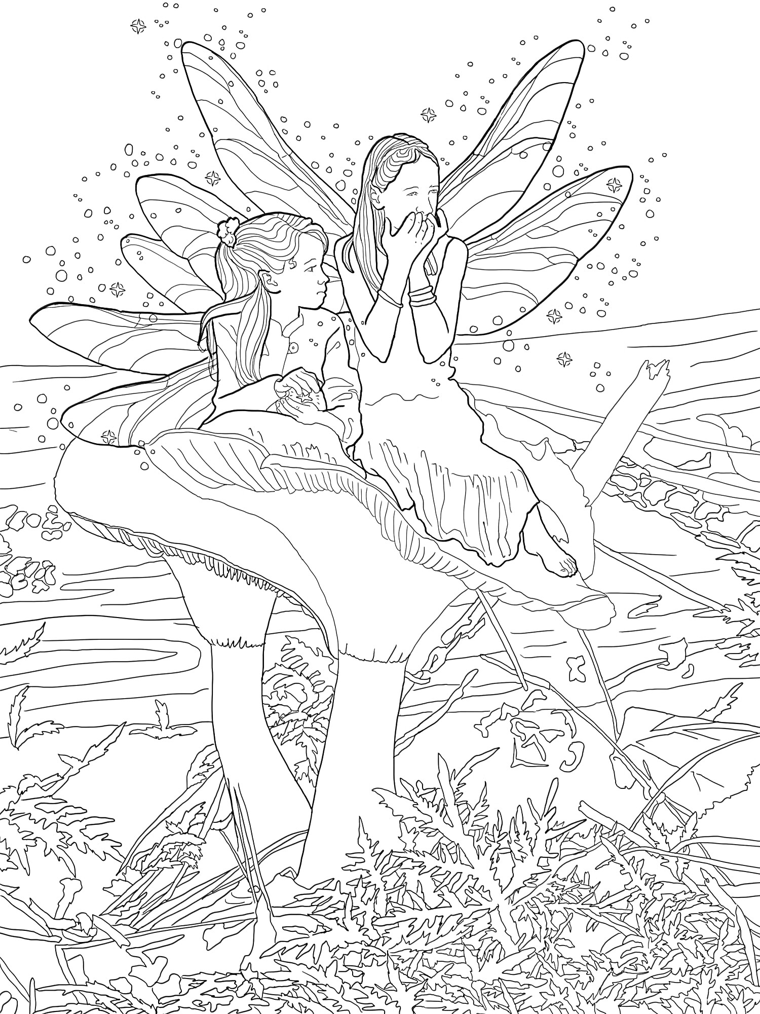 Раскраска Две феи на грибе с крыльями в лесу