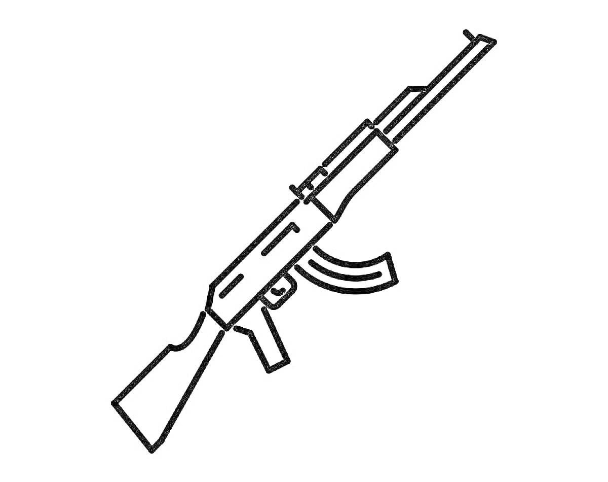 Рисунок автомат АК-47 со всеми элементами, включая приклад, затвор, магазин и ствол.