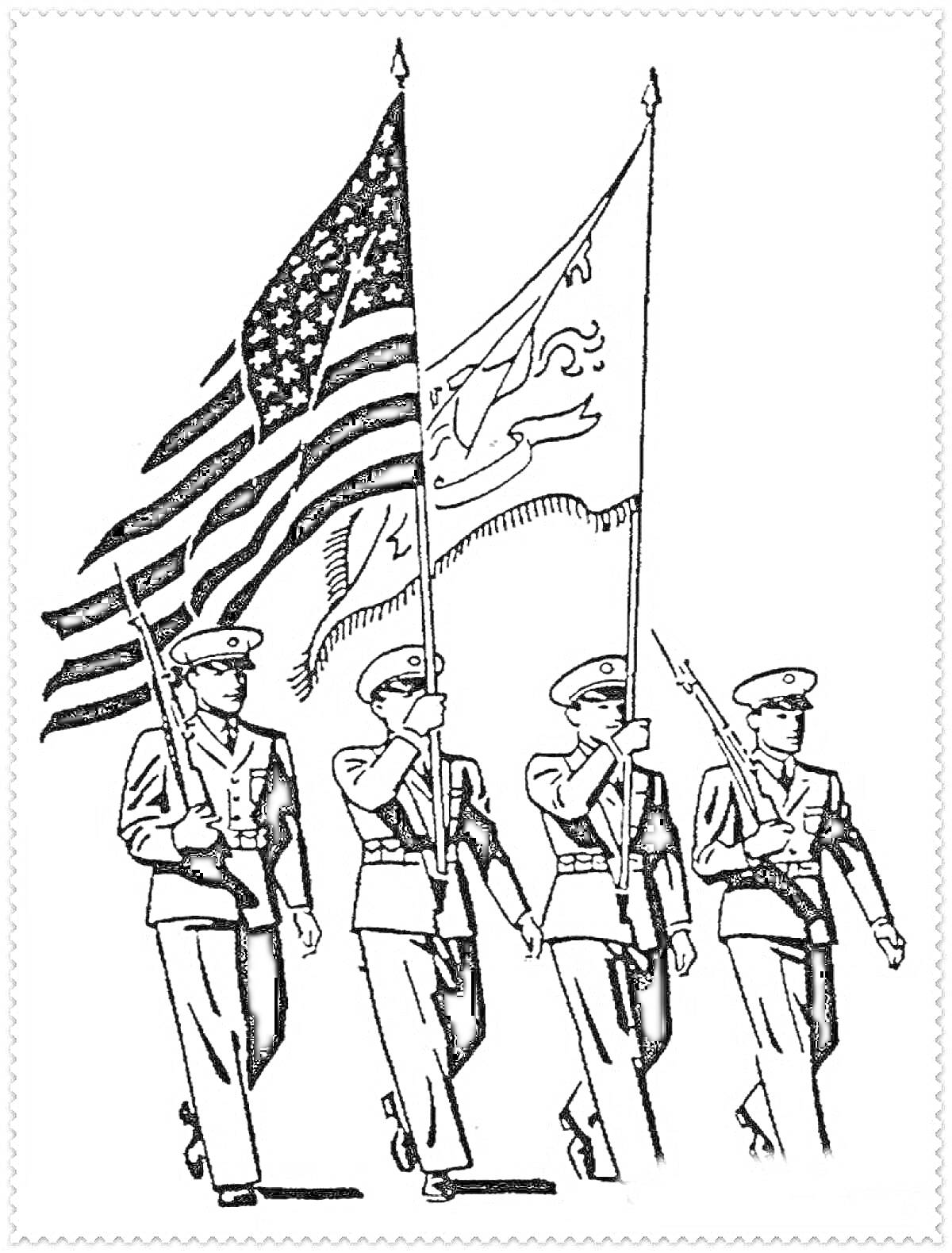 На раскраске изображено: Военные, Марш, США, Церемония, Строй, Парад