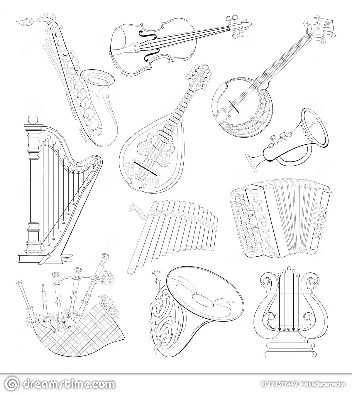 Раскраска Набор музыкальных инструментов - саксофон, скрипка, мандолина, банджо, труба, арфа, литавры, аккордеон, волынка, валторна, киара