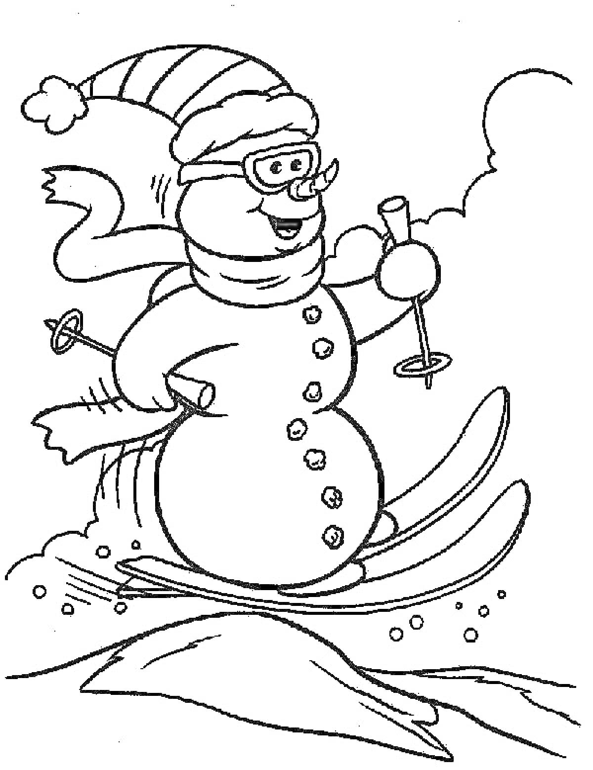 Раскраска Снеговик на лыжах с палками, в шапке и шарфе, в очках на фоне снега.