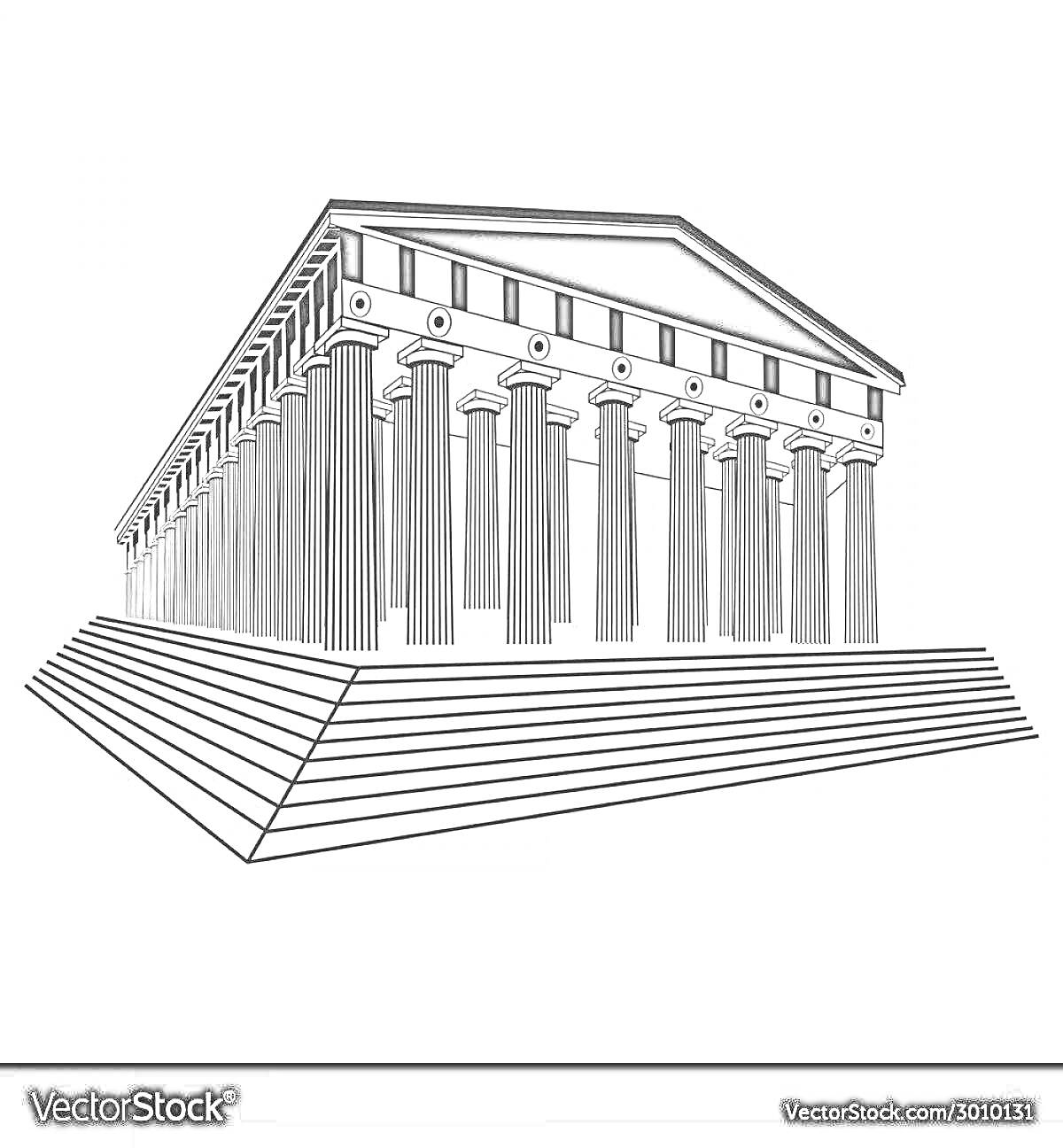 Раскраска древнегреческий храм с колоннами и ступенями на возвышении