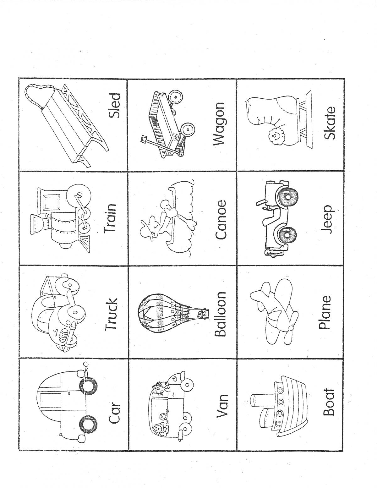 Раскраска игрушки на английском языке: Sled, Wagon, Skate, Train, Canoe, Jeep, Truck, Balloon, Plane, Car, Van, Boat